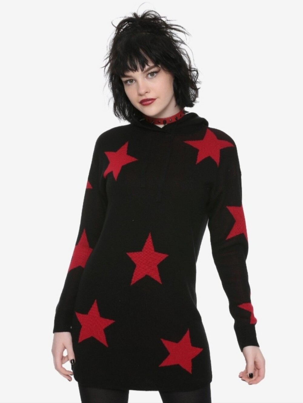 Hot Topic Black Hoodie Sweater Dress with Red Star Accents
